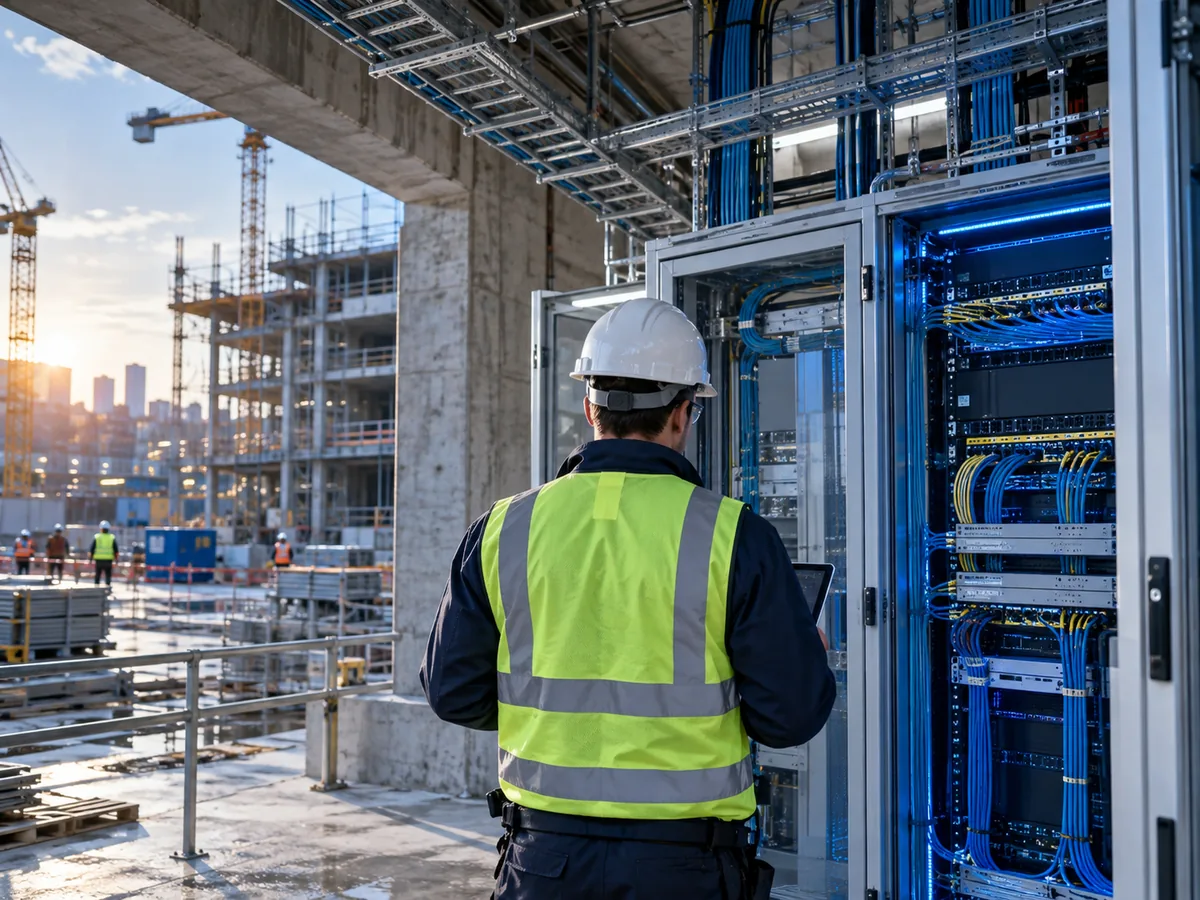 Especialista inspeccionando infraestructura de comunicaciones en una obra.