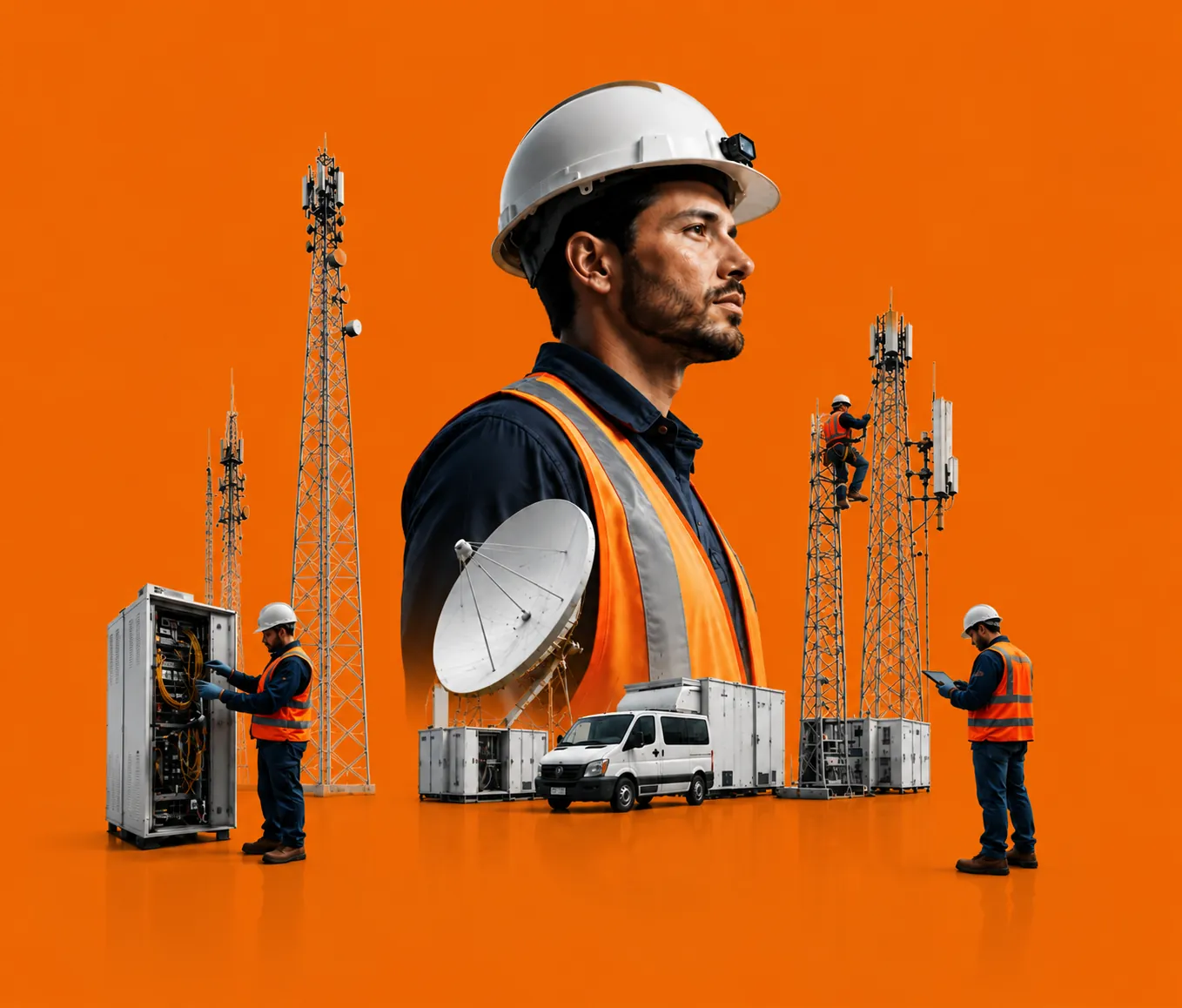 Técnico de PROGEX Telecom con casco junto a torres de telecomunicaciones, antenas y un vehículo de servicio.